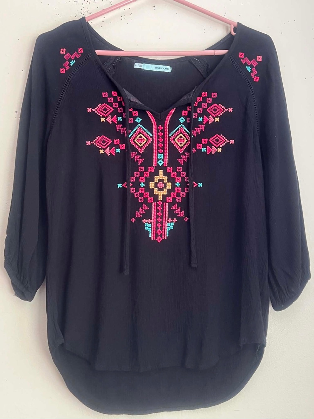 Maurices Black Peasant Blouse with Pink, Turquoise & Yellow Embroidery